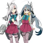  2girls adapted_turret ahoge asashimo_(kantai_collection) bow bowtie cannon cowboy_shot grey_eyes grey_hair grey_legwear grin hair_between_eyes hair_bun hair_over_one_eye halterneck kantai_collection kiyoshimo_(kantai_collection) long_hair low_twintails machinery multiple_girls nakagomiyuki415 pantyhose school_uniform shirt silver_hair simple_background smile standing torpedo_launcher turret twintails very_long_hair white_background white_shirt 