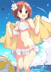  1girl bangs bikini bikini_skirt blue_sky blurry blurry_foreground breasts brown_eyes brown_hair clouds cloudy_sky commentary condensation_trail day depth_of_field droplet eyebrows_visible_through_hair flower front-tie_bikini front-tie_top girls_und_panzer groin hair_flower hair_ornament holding holding_towel looking_to_the_side medium_breasts navel nishizumi_miho ocean open_mouth outdoors short_hair skirt sky smile solo sparkle standing standing_on_one_leg swimsuit tom_q_(tomtoq) towel vehicle_request wading white_bikini white_flower white_skirt 