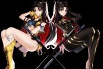  2girls black_background black_eyes black_hair bodysuit boots earrings fate/grand_order fate_(series) faton fingerless_gloves gloves highres hoop_earrings ishtar_(fate)_(all) jewelry katana midriff mirror_twins multicolored_hair multiple_girls red_eyes redhead space_ishtar_(fate) sword two-tone_hair weapon 