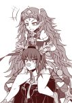  2girls antlers armor braid byleth_(fire_emblem) byleth_eisner_(female) carrying christmas_ornaments closed_mouth fire_emblem fire_emblem:_three_houses fire_emblem_heroes fur_trim greyscale hair_ornament highres long_hair medium_hair monochrome multiple_girls open_mouth pointy_ears reindeer_antlers shoes shoulder_carry simple_background sothis_(fire_emblem) terraneandraws tiara twin_braids white_background 