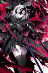  1girl ahoge armor armored_dress bangs black_armor black_legwear breasts cape chain fate/grand_order fate_(series) faulds fire flag fur-trimmed_cape fur_collar fur_trim gauntlets headpiece jeanne_d&#039;arc_(alter)_(fate) jeanne_d&#039;arc_(fate)_(all) kousaki_rui large_breasts looking_at_viewer pale_skin plackart sheath short_hair signature silver_hair smile solo sword thigh-highs thighs weapon yellow_eyes 