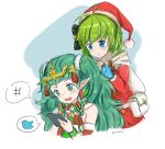  2girls artist_name belt blackma_(pagus0012) blue_eyes braid brown_gloves cellphone christmas_ornaments fire_emblem fire_emblem:_the_blazing_blade fire_emblem:_three_houses fire_emblem_heroes fur_trim gloves green_eyes green_hair hair_ornament hat highres holding holding_phone long_hair long_sleeves multiple_girls nino_(fire_emblem) open_mouth phone pointy_ears pom_pom_(clothes) red_headwear santa_costume santa_hat short_hair simple_background smartphone sothis_(fire_emblem) tiara twin_braids twitter_logo upper_body 