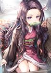  1girl asa_no_ha_(pattern) bamboo bit_gag black_hair box breasts breath checkered_obi forehead full_body gag hair_ribbon haori japanese_clothes kamado_nezuko kimetsu_no_yaiba kimono long_hair long_sleeves looking_at_viewer luffy123 multicolored_hair nail_polish obi outdoors pink_eyes pink_kimono pink_nails redhead ribbon sash sitting slit_pupils small_breasts snow solo straight_hair thighs tree two-tone_hair wariza wide_sleeves 