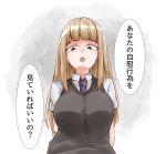  1girl bangs black_neckwear black_vest blonde_hair blunt_bangs bored breasts collared_shirt commentary_request dress_shirt eyebrows_visible_through_hair hand_in_hair hand_up hime_cut katou_asuka large_breasts long_hair looking_at_viewer mm_(mm_chair) necktie open_mouth school_uniform shiny shiny_hair shirt short_sleeves speech_bubble sweater_vest translation_request upper_body vest watashi_ga_motenai_no_wa_dou_kangaetemo_omaera_ga_warui! white_background white_shirt 