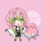  1girl :d belt belt_buckle black_jacket black_skirt blissey buckle crossover egg gen_2_pokemon gradient_hair green_eyes green_hair green_legwear holding holding_poke_ball jacket kanroji_mitsuri kimetsu_no_yaiba long_hair long_sleeves maodouzi multicolored_hair open_clothes open_jacket open_mouth open_shirt outstretched_arm over-kneehighs pink_background pink_hair pleated_skirt poke_ball poke_ball_symbol pokemon pokemon_(creature) shirt skirt sleeves_past_wrists smile striped striped_legwear thigh-highs tri_braids vertical-striped_legwear vertical_stripes very_long_hair white_belt white_shirt wide_sleeves 