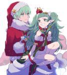  1boy 1girl braid byleth_(fire_emblem) byleth_eisner_(male) christmas_ornaments closed_mouth dress fire_emblem fire_emblem:_three_houses fire_emblem_heroes fur_trim gobou3443 green_eyes green_hair grin hair_ornament hat highres holding long_hair long_sleeves looking_back pointy_ears pom_pom_(clothes) red_headwear sack santa_costume santa_hat short_hair simple_background sitting smile sothis_(fire_emblem) twin_braids white_background 