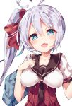  1girl absurdly_long_hair ahoge azur_lane bag blue_eyes blue_sailor_collar blush breasts close-up commentary_request cowboy_shot fang hair_ribbon heart heart-shaped_pupils heart_ahoge highres long_hair looking_at_viewer medium_breasts neckerchief open_mouth portland_(azur_lane) portland_(school_life_with_indy!)_(azur_lane) purple_hair red_ribbon ribbon sailor_collar school_bag school_uniform serafuku side_ponytail solo standing symbol-shaped_pupils unacchi_(nyusankin) very_long_hair white_background 