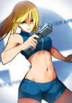  1girl artist_name bangs bare_arms bike_shorts blonde_hair blue_eyes blue_shorts blue_sports_bra breasts closed_mouth cowboy_shot english_commentary gun hair_between_eyes highres holding holding_gun holding_weapon koei_tecmo kuno_(runkunochan) lens_flare lips long_hair medium_breasts metroid metroid_fusion midriff mole mole_under_mouth navel nintendo nintendo_ead ponytail retro_studios samus_aran shadow shiny shiny_clothes short_shorts shorts sidelocks sleeveless solo sports_bra super_smash_bros. toned weapon 