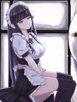  1girl apron bangs bare_thighs black_hair blank_stare breasts highres hime_cut long_hair maid maid_apron maid_headdress medium_breasts orafa sitting thigh-highs thighs very_long_hair 