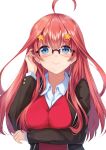  1girl absurdres ahoge black_jacket blue_eyes blush breasts closed_mouth collared_shirt glasses go-toubun_no_hanayome hair_tucking hand_up highres jacket large_breasts long_hair long_sleeves looking_at_viewer nakano_itsuki nao_(okt8538) open_clothes open_jacket red_sweater redhead shirt smile solo sweater tareme upper_body white_shirt 