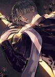  1boy asymmetrical_bangs bangs blue_eyes brown_hair buttons cassock collar cuffs flower gloves hair_over_one_eye heshikiri_hasebe light_rays long_sleeves looking_at_viewer lying male_focus on_back parted_lips short_hair sleeve_cuffs smile solo sunbeam sunlight touken_ranbu upper_body user_tufx3333 white_gloves 