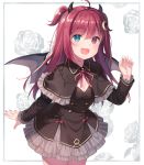  1girl :d bangs black_capelet black_dress blush breasts capelet claw_pose commentary_request crescent crescent_hair_ornament demon_girl demon_horns demon_wings dress eyebrows_visible_through_hair floral_background frilled_capelet frilled_dress frills green_eyes grey_wings hair_between_eyes hair_ornament hand_up heterochromia horns kurasawa_moko leaning_forward long_hair neck_ribbon nijisanji open_mouth pink_nails red_eyes red_ribbon redhead ribbon rose_background small_breasts smile solo two_side_up very_long_hair virtual_youtuber wings yuzuki_roa 