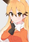  1girl animal_ears bangs black_gloves blazer blonde_hair bow bowtie closed_mouth commentary eyebrows_visible_through_hair ezo_red_fox_(kemono_friends) finger_to_face fox_ears fur-trimmed_sleeves fur_trim gloves grey_background highlights highres jacket kemono_friends light_blush long_hair long_sleeves looking_at_viewer multicolored_hair orange_jacket simple_background smile solo takosuke0624 upper_body white_neckwear 