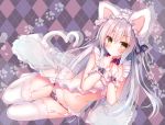  1girl animal_ears argyle argyle_background babydoll bangs black_bow black_panties blush bow bow_panties breasts brown_eyes cat_ears cat_girl cat_tail closed_mouth collar collarbone commentary_request eyebrows_visible_through_hair frills garter_belt hair_between_eyes hands_up heart heart_tail long_hair looking_at_viewer no_shoes original panties paw_background red_collar rokudou_itsuki see-through side-tie_panties silver_hair small_breasts solo striped striped_bow tail thigh-highs underwear very_long_hair white_legwear wrist_cuffs 