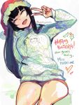  ^_^ bangs black_hair christmas christmas_sweater closed_eyes english_text eric_muentes happy_holidays hat head_tilt madeline_(eric_muentes) mole mole_on_thigh mole_under_eye original santa_hat sitting sweater thighs v v_over_eye 