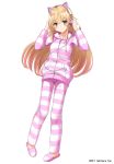  1girl animal_slippers bangs blonde_hair blush brown_eyes cat_ear_headphones closed_mouth copyright_name eyebrows_visible_through_hair full_body hair_between_eyes hand_on_headwear headphones highres holding ienaga_mugi long_hair long_sleeves looking_at_viewer nijisanji pajamas pants paw_print shirt sidelocks sleeves_past_wrists slippers smile solo standing striped striped_pants striped_shirt takehana_note very_long_hair white_background 