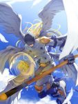  1boy abs angel angel_wings angemon blindfold blonde_hair blue_sky cane clenched_hand clouds collarbone covering_eyes covering_face digimon feathered_wings gloves highres holding holding_stick holding_weapon long_hair male_focus midair midriff multiple_wings muscle rb2 shoes sky solo stick wand weapon white_wings wings 