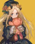  1girl abigail_williams_(fate/grand_order) bangs black_bow black_dress black_headwear blonde_hair blue_eyes blush bow chocoan dress fate/grand_order fate_(series) forehead hair_bow long_hair long_sleeves looking_at_viewer multiple_bows orange_bow parted_bangs polka_dot polka_dot_bow simple_background sleeves_past_fingers sleeves_past_wrists solo stuffed_animal stuffed_toy teddy_bear yellow_background 