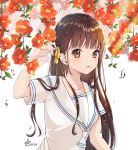  1girl amick_(americanomix) bangs breasts brown_eyes brown_hair collarbone flower fruits_basket hair_behind_ear hair_ribbon hair_strand hand_up honda_tooru long_hair looking_at_viewer neckerchief red_flower ribbon school_uniform serafuku short_sleeves solo sunlight trumpet_creeper upper_body water_drop white_background 