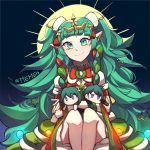  1girl artist_name braid byleth_(fire_emblem) byleth_eisner_(female) byleth_eisner_(male) character_doll christmas_ornaments closed_mouth doll dress fire_emblem fire_emblem:_three_houses fire_emblem_heroes fur_trim green_eyes green_hair hair_ornament holding holding_doll lazymimium long_hair pointy_ears smile solo sothis_(fire_emblem) tiara twin_braids twitter_username 