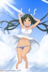  1girl armpits artist_name bare_shoulders blush breasts clouds cloudy_sky collarbone dan_hibiki_(artist) dress dress_lift eyebrows_visible_through_hair fang francesca_lucchini full_body green_eyes green_hair groin hair_ornament hair_ribbon jumping long_hair looking_at_viewer navel open_mouth panties ribbon shiny shiny_hair shiny_skin sky small_breasts smile solo strike_witches striped striped_panties sundress tongue twintails underwear world_witches_series 
