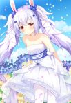  1girl animal_ears arms_behind_back azur_lane bangs blue_flower blue_sky blush breasts brown_flower closed_mouth clouds cloudy_sky commentary_request confetti day dress eyebrows_visible_through_hair flower hair_between_eyes hair_flower hair_ornament kedama_(kedama_akaza) laffey_(azur_lane) long_hair outdoors pantyhose purple_hair rabbit_ears red_eyes sky small_breasts smile solo strapless strapless_dress twintails very_long_hair white_dress white_hair white_legwear 