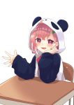  1girl :3 ahoge bangs chair chin_rest commentary_request desk fang green_nails hair_ornament hairclip highres hood hooded_jacket jacket looking_at_viewer mole nijisanji open_mouth panda_hood pink_eyes pink_hair ribbed_sleeves sasaki_saku short_hair simple_background solo soranakidayo two-tone_jacket upper_body virtual_youtuber waving white_background 