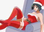  1girl armchair bare_shoulders belt black_hair blue_eyes boots breasts chair christmas crossed_legs dress eyelashes fur_trim guilty_gear hat high_heel_boots high_heels highres i-no j.d._thunderhawk lips looking_at_viewer medium_breasts mole_above_mouth reclining red_footwear red_headwear santa_costume santa_hat short_dress short_hair sitting solo strapless strapless_dress thigh-highs thigh_boots white_background zettai_ryouiki 