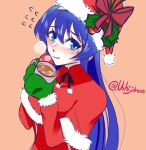  1girl blue_eyes blue_hair blush cup eyebrows_visible_through_hair hat highres holding holding_cup hot_chocolate long_hair looking_at_viewer mistletoe mittens nervous_smile orie_(under_night_in-birth) santa_costume santa_hat simple_background solo twitter_username under_night_in-birth under_night_in-birth_exe:late[st] ushijidraws 