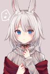  1girl :o animal_ear_fluff animal_ears bangs beniko_(ymdbnk) black_choker black_ribbon blue_eyes blush choker commentary_request eyebrows_visible_through_hair grey_background grey_sweater heart long_hair long_sleeves looking_at_viewer off_shoulder original parted_lips rabbit_ears ribbon ribbon_choker silver_hair simple_background solo speech_bubble spoken_heart sweater turtleneck turtleneck_sweater upper_body 