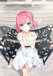  1girl bangs bare_shoulders belt blue_eyes bon_(bonbon315) breasts brown_belt collarbone commentary_request dress eyebrows_visible_through_hair fisheye from_above highres looking_at_viewer original pink_hair short_hair short_sleeves sitting small_breasts smile solo white_dress 