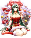  1girl absurdres bell belt boots bow choker christmas_ornaments closed_mouth delsaber dress earrings fingerless_gloves fire_emblem fire_emblem:_the_blazing_blade fur_trim gloves green_eyes green_hair hat highres jewelry long_hair lyn_(fire_emblem) pom_pom_(clothes) ponytail red_gloves red_headwear santa_hat sitting smile solo 