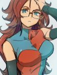  1girl android_21 blue_background blue_eyes breasts checkered checkered_dress dragon_ball dragon_ball_fighterz dress earrings glasses hoop_earrings jewelry kemachiku large_breasts long_hair looking_at_viewer redhead simple_background solo 