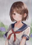  1girl absurdres bangs blue_sailor_collar blurry blurry_background blush brown_eyes brown_hair closed_eyes collarbone crying crying_with_eyes_open depth_of_field eyebrows_visible_through_hair frown highres looking_at_viewer neckerchief original outdoors rain red_neckwear sailor_collar school_uniform see-through serafuku shirt short_hair short_sleeves solo swept_bangs syatihoko tears transparent transparent_umbrella umbrella upper_body water wet wet_clothes wet_shirt white_shirt 