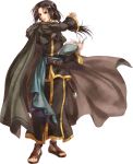  1boy belt black_cape black_hair black_robe blue_sash book brown_belt brown_footwear cape facial_mark fire_emblem fire_emblem:_path_of_radiance forehead_mark full_body holding holding_book hood hooded_cape long_hair long_sleeves low_ponytail male_focus nemupon_(goodlucky) open_mouth red_eyes robe sandals sash simple_background soren_(fire_emblem) standing white_background wide_sleeves 