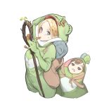  2girls animal_costume bag bedroll biting blonde_hair blush braid brown_eyes brown_hair cosplay costume_switch dungeon_meshi frog_costume green_eyes hand_on_head holding holding_staff kmpym marcille multiple_girls parted_lips saliva simple_background staff sweat white_background 