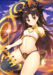  1girl asymmetrical_legwear asymmetrical_sleeves black_legwear black_ribbon brown_hair closed_mouth clouds detached_sleeves earrings fate/grand_order fate_(series) hair_ribbon heavenly_boat_maanna hoop_earrings ishtar_(fate)_(all) ishtar_(fate/grand_order) jewelry long_hair looking_at_viewer navel red_eyes rennkuu ribbon single_detached_sleeve single_thighhigh sky smile solo sunset thigh-highs two_side_up 
