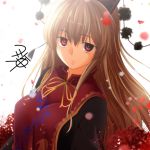  1girl blonde_hair chinese_clothes commentary_request crescent eyebrows_visible_through_hair flower_request hair_between_eyes junko_(touhou) legacy_of_lunatic_kingdom long_hair looking_at_viewer petals signature solo tabard touhou yua_(checkmate) 