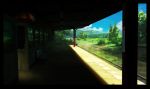  awning bench blue_sky clouds cloudy_sky day door flower fluorescent_lamp highres hosoi_mikio landscape mountain no_humans original outdoors scenery sky station tree window 