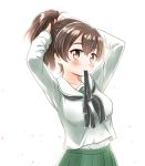  1girl adjusting_hair bangs black_neckwear black_ribbon blouse brown_eyes brown_hair commentary eyebrows_visible_through_hair girls_und_panzer green_skirt hair_ribbon hair_tie_in_mouth hands_in_hair highres koyama_yuzu light_blush long_sleeves looking_at_viewer medium_hair mouth_hold neckerchief noto-kanna ooarai_school_uniform petals pleated_skirt ribbon school_uniform serafuku shirt short_ponytail simple_background skirt solo standing undershirt white_background white_blouse white_shirt 