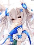  1girl absurdres animal_ears azur_lane bangs bare_shoulders blue_flower blurry blurry_background blush bouquet commentary_request depth_of_field dyolf eyebrows_behind_hair flower gloves grey_hair hair_between_eyes hair_flower hair_ornament head_tilt highres holding holding_bouquet laffey_(azur_lane) laffey_(white_rabbit&#039;s_oath)_(azur_lane) long_hair looking_at_viewer rabbit_ears red_eyes signature solo twintails upper_body white_flower white_gloves 