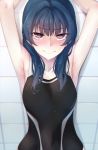  1girl armpits arms_up blue_hair competition_swimsuit highres long_hair looking_at_viewer love_live! love_live!_school_idol_project love_live!_sunshine!! nasuno_(nasuno42) one-piece_swimsuit solo swimsuit tears tsushima_yoshiko violet_eyes wet wet_hair 