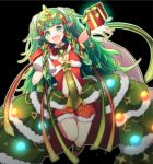  1girl black_background box braid christmas_ornaments dress fire_emblem fire_emblem:_three_houses fire_emblem_heroes fur_trim gift gift_box green_eyes green_hair hair_ornament long_hair open_mouth pimi_(ringsea21) pointy_ears simple_background solo sothis_(fire_emblem) tiara twin_braids 