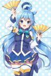  1girl :d aqua_(konosuba) arm_up bangs bare_shoulders black_footwear black_legwear blue_background blue_eyes blue_hair blue_shirt blue_skirt blush boots breasts detached_sleeves eyebrows_visible_through_hair fan folding_fan hair_ornament hair_rings high_heel_boots high_heels holding holding_fan kono_subarashii_sekai_ni_shukufuku_wo! long_hair long_sleeves mauve medium_breasts open_mouth pleated_skirt polka_dot polka_dot_background shirt skirt sleeveless sleeveless_shirt smile solo standing standing_on_one_leg thigh-highs thigh_boots v-shaped_eyebrows very_long_hair white_sleeves 