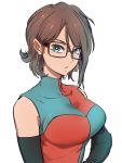  1girl alternate_hair_length alternate_hairstyle android android_21 black-framed_eyewear blue_eyes breasts brown_hair checkered checkered_dress dragon_ball dragon_ball_fighterz dress earrings glasses hoop_earrings jewelry kemachiku looking_at_viewer medium_breasts short_hair solo 