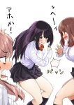  3girls bangs black_hair black_skirt blue_eyes blush bow bowtie breasts brown_hair dress_shirt eyebrows_visible_through_hair fang hair_ornament hairclip kaisen_chuui large_breasts long_hair long_sleeves multiple_girls open_mouth original panties pink_panties red_bow school_uniform shirt side-tie_panties simple_background sitting skirt smile striped striped_bow translation_request underwear white_background white_shirt 