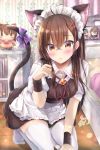  1girl ahoge animal_ear_fluff animal_ears apron black_dress blurry blurry_background blush book bookshelf bow breasts brooch brown_eyes brown_hair cat_ears cat_girl cat_tail character_doll collared_shirt commentary_request depth_of_field dress frilled_apron frills hair_ornament hairclip heart heart_ahoge heart_hair_ornament highres indoors jewelry kneeling long_hair looking_at_viewer maid maid_headdress maruma_(maruma_gic) medium_breasts neck_ribbon no_shoes original parted_lips paw_pose photo_(object) puffy_short_sleeves puffy_sleeves purple_bow red_ribbon ribbon shirt short_sleeves signature sleeveless sleeveless_dress solo sweat tail tail_bow tail_raised thigh-highs very_long_hair waist_apron white_apron white_legwear white_shirt wooden_floor wrist_cuffs 