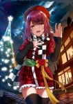  1girl :d atelier_(series) atelier_sophie bangs beret bishi_(bishi) black_legwear black_shirt blush breasts brown_eyes checkered checkered_scarf christmas_ornaments christmas_tree commentary_request dress eyebrows_visible_through_hair hands_up hat highres looking_at_viewer open_mouth purple_hair red_dress red_headwear sash scarf shirt short_hair sidelocks skirt sleeves_past_wrists smile snowing solo sophie_neuenmuller thigh-highs 