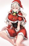  1girl bell belt closed_mouth corrin_(fire_emblem) corrin_(fire_emblem)_(female) fire_emblem fire_emblem_fates fur_trim gloves h.pn hairband hat highres long_hair pointy_ears pom_pom_(clothes) red_eyes red_headwear santa_costume santa_hat simple_background sitting skirt solo white_hair 