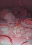  alcremie burning cake candle candlelight chihuri commentary_request facing_away fire food fruit gen_8_pokemon heart highres no_humans pink_eyes pokemon pokemon_(creature) red_eyes red_ribbon ribbon strawberry 